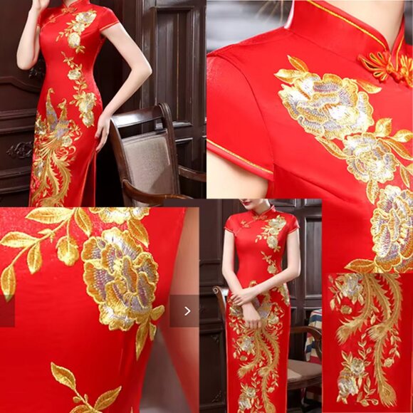 NWT Red Gold Rose Phoenix Embroidery Side Slit Chinese Wedding Dress M L - Picture 2 of 8